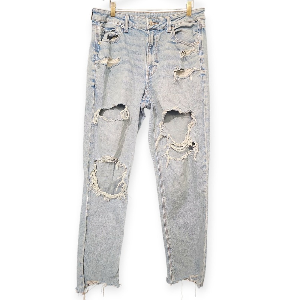 American Eagle Strigid Mom Jean Denim Size 12 Distressed Thrashed - Picture 2 of 10